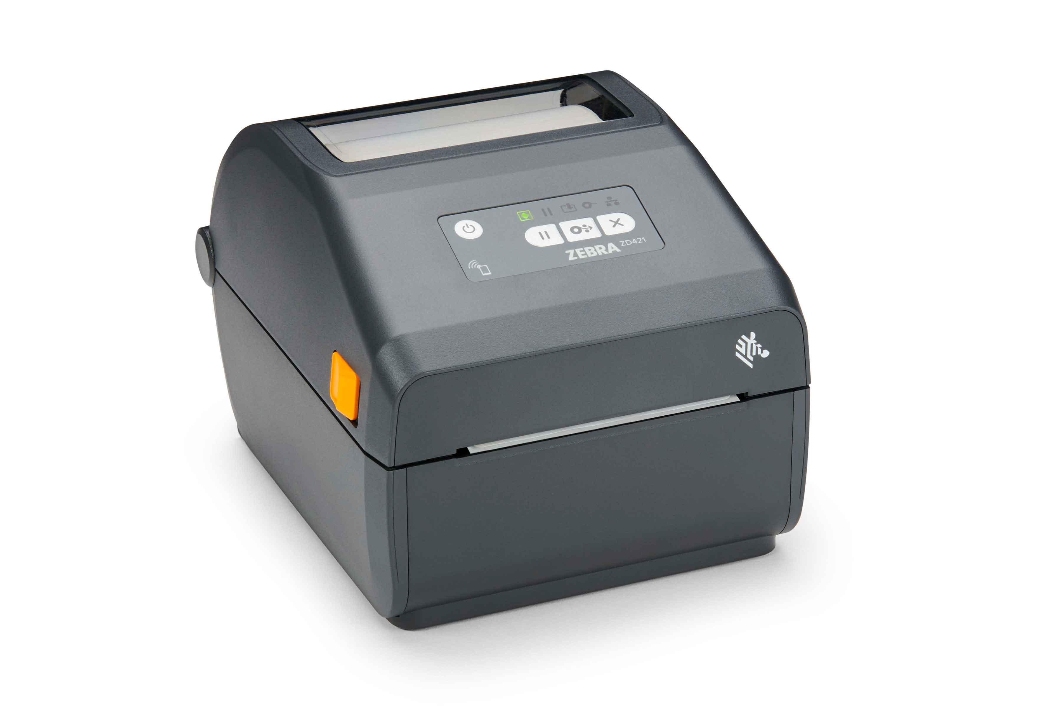 Front right view of a Zebra ZD400 desktop printer