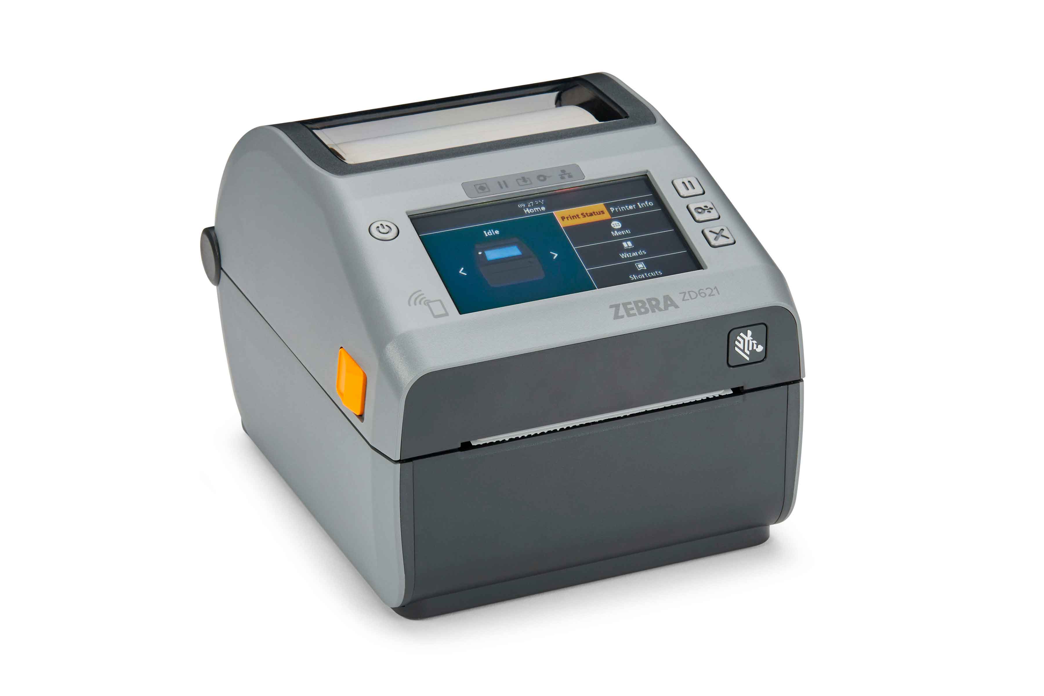 Front right view of a Zebra ZD600 desktop printer